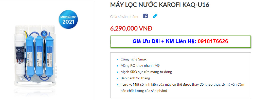 Đại lý bán máy lọc nước Karofi KAQ-U16 tại TP Vinh, Nghệ An giá tốt nhất