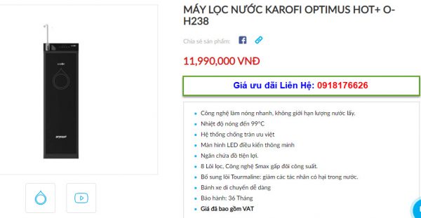 Đại lý bán máy lọc nước Karofi Optimus Hot+ O-H238 tại TP Vinh, Nghệ An giá tốt 1