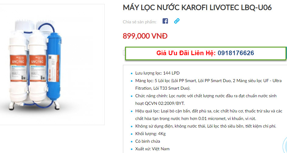 Đại lý bán máy lọc nước Karofi Livotec LBQ-U06 tại TP Vinh, Nghệ An giá tốt